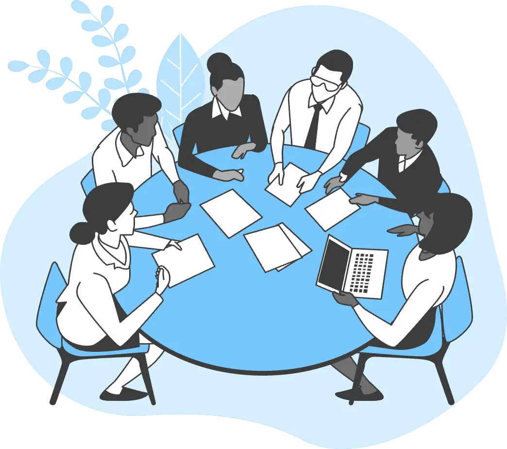 Illustration: Ein Team analysiert gemeinsam an einem runden Tisch Geschäftsprozesse.