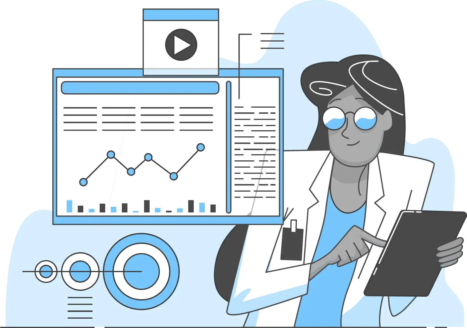 Illustration: Eine Beraterin präsentiert ein Dashboard mit Auswertungen und Diagrammen.