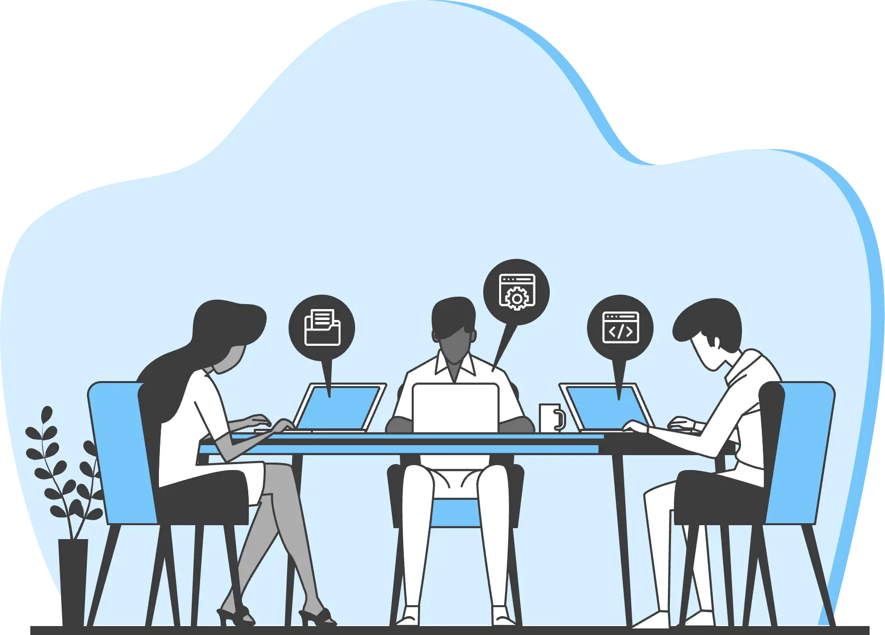 Illustration: Ein Entwicklerteam programmiert und testet Automatisierungs-Bots an Laptops.